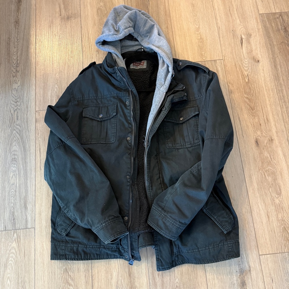 Levi’s Mens XL Black Hooded Jacket Sherpa Lined Zip Up Coat